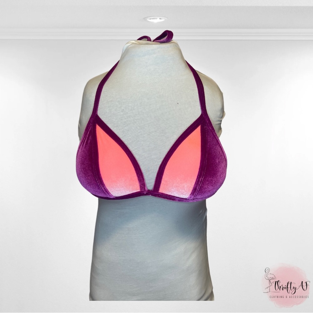 PINK Victoria Secret Womens Pink Color Block Velvet Swim Push Up Bikini Top Sz M